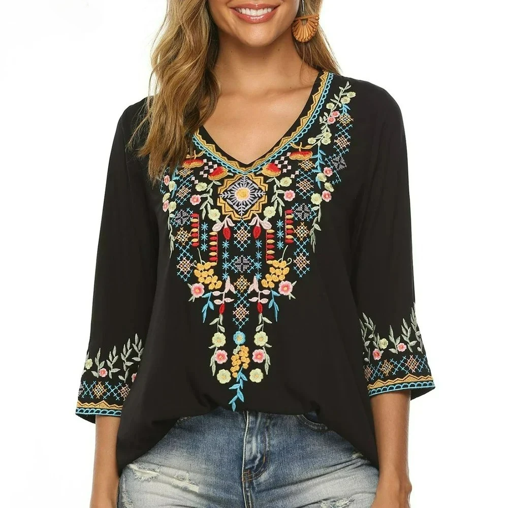 Blusa Mexicana con Bordado Floral Boho, Estilo Zapote Vintage Chic, Blusa de Verano para Mujer, Talla 23XL, Estilo Étnico Hippie, Nueva