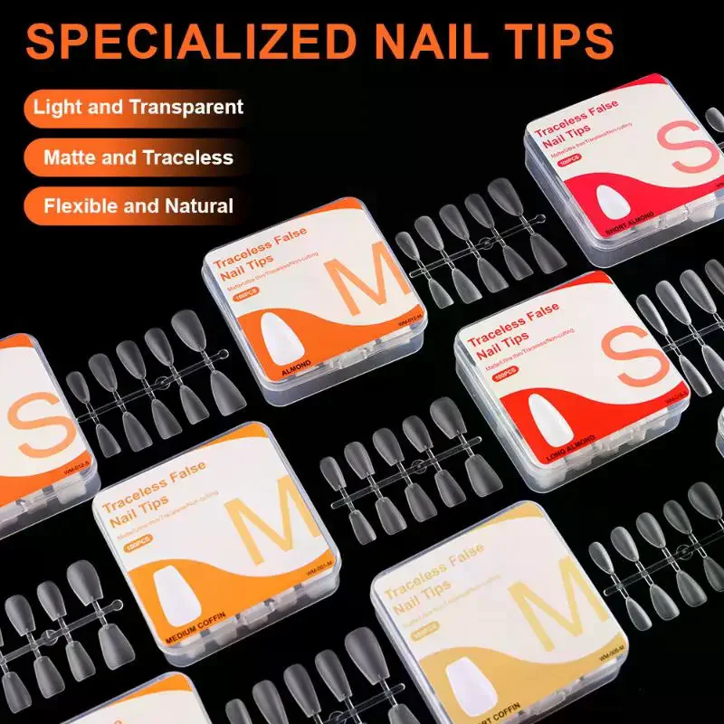 100Pcs/box Single Size Full Cover False Nail Tips Clear Press On The Tip Nail Extension Short Trapezoid Rllipse Almond Style