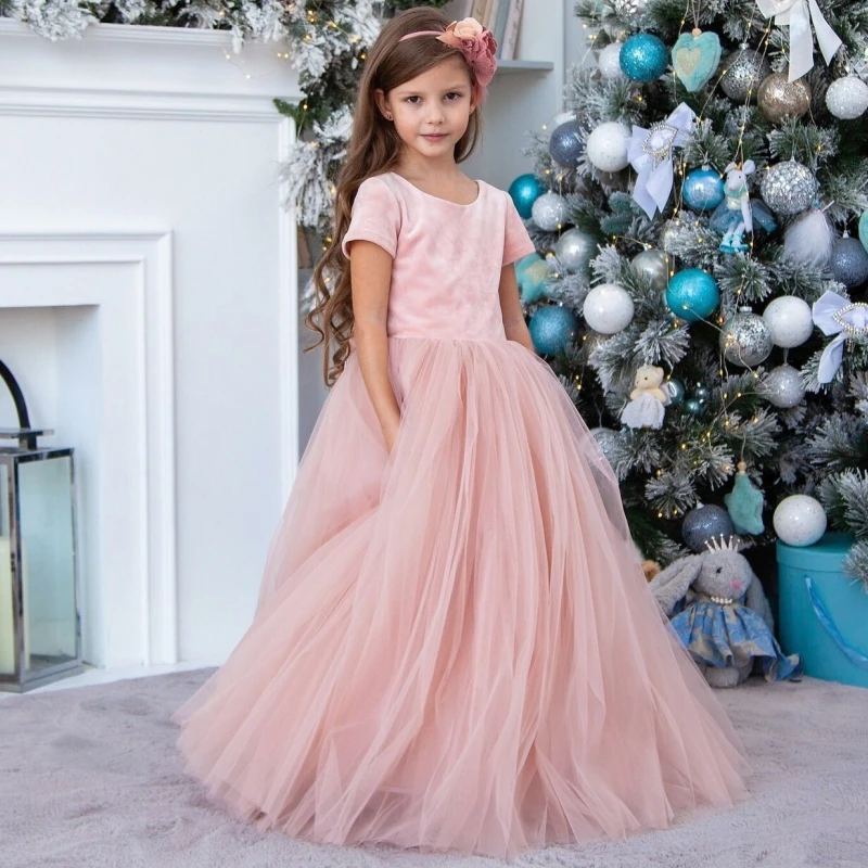 

Pink Flower Girl Dresses Tulle Puffy Satin With Bow Short Sleeve For Wedding Birthday First Communion Gowns