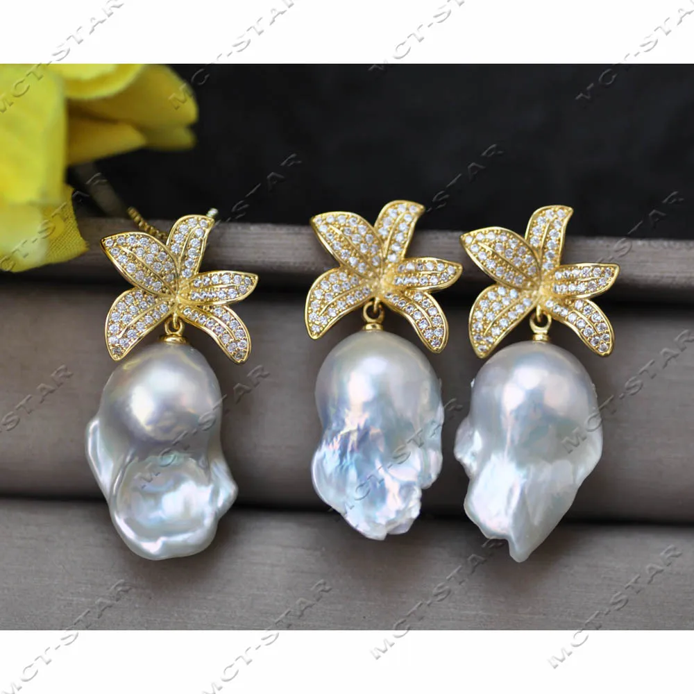

Z14082 Set 25mm Golden CZ Flower White Baroque Reborn Keshi Pearl Dangle Earring Pendant