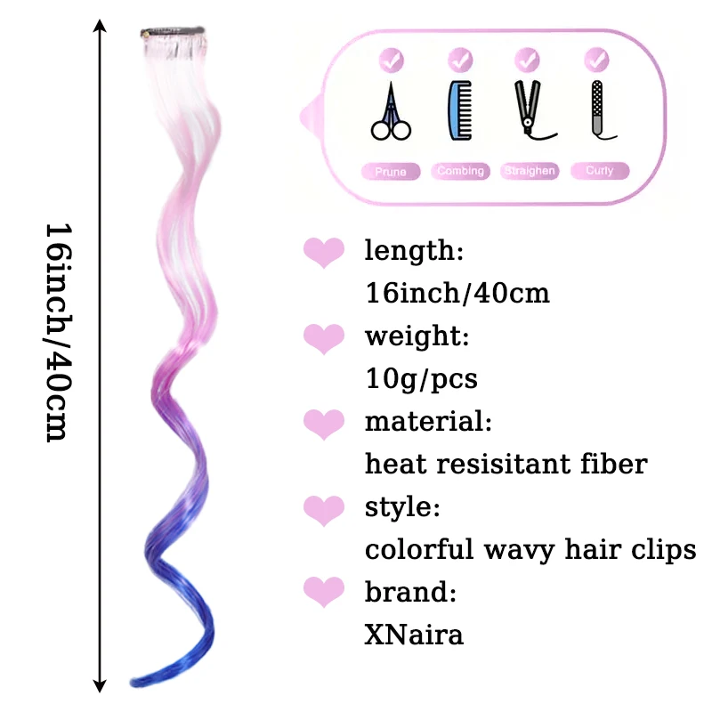2 Pcs Colored Party Highlights Clip on in Hair Extensions Synthetic Hairpieces (3 Colors 2 Pcs in Set -Curly Wavy)