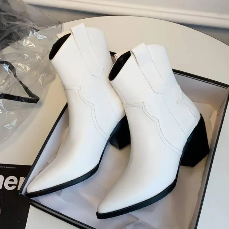 Chunky Square Heels Boots Woman Solid Leather Shoes Pointed Toe Wedges Botas Feminina Ankle Bottes Chelsea Botines Mujer