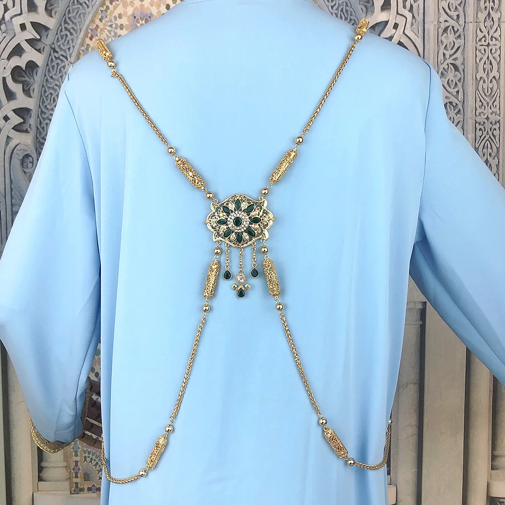 Sunspicems Chic Morocco Jewelry Bride Shoulder Chain For Women Gold Color Arabic Caftan Abaya Chest Decoration Braces Body Chain