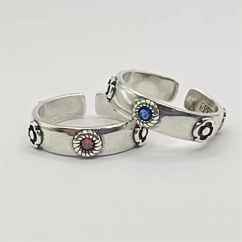 Trendy Men Ring With Blue Red Crystal Eye Lucky Clover Flower Vintage Finger Ring Male S925 Jewelry Open Size