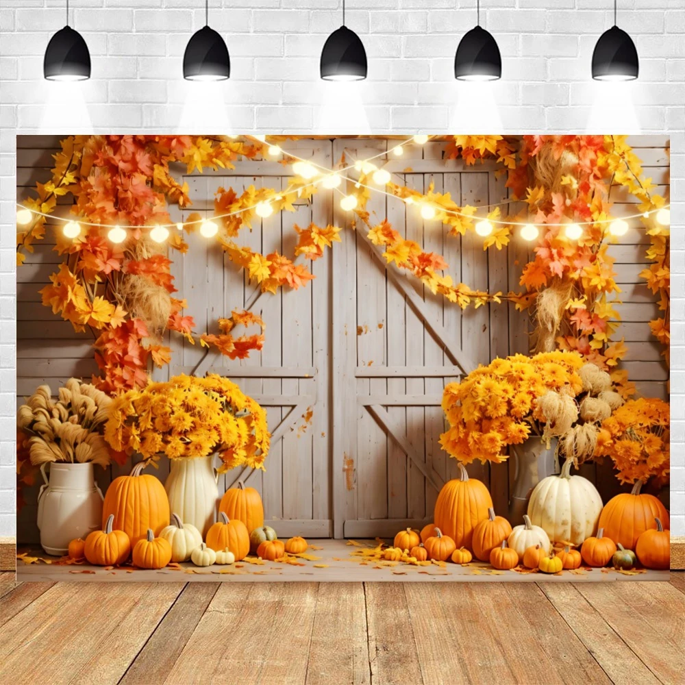 Autumn Pumpkin Barn Door Backdrop Haystack Fall Baby Shower Birthday Party Thanksgiving Day Kids Portrait Photography Background