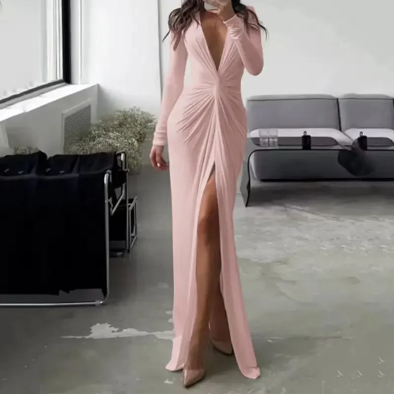 Damska Sukienka Maxi Letnia Moda Sexy Rozcięcie Dekolt V Długi Rękaw Jednolita Wyszczuplająca Plisowana Sukienka Wieczorowa Imprezowa High Streetwear Lato 5XL — zdjęcie 6
