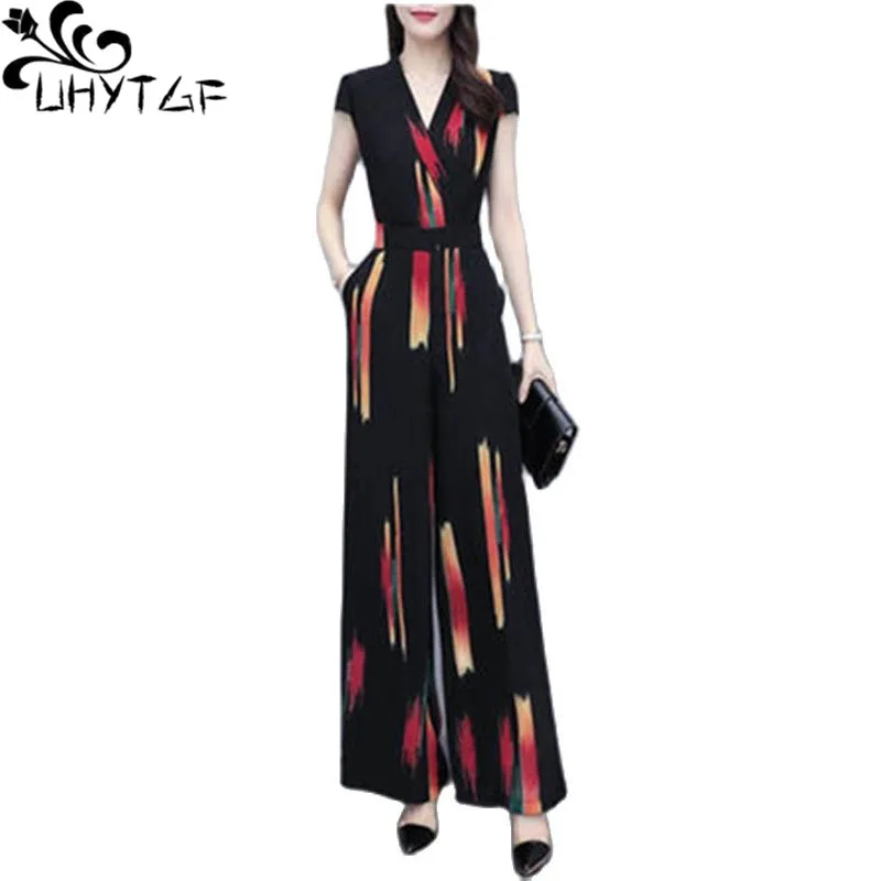 

UHYTGF Elegant Women Jumpsuit Fashion Print Striped Casual Summer Jumpsuit High Waist Wide Leg Pants Female Playsuit Romper 12