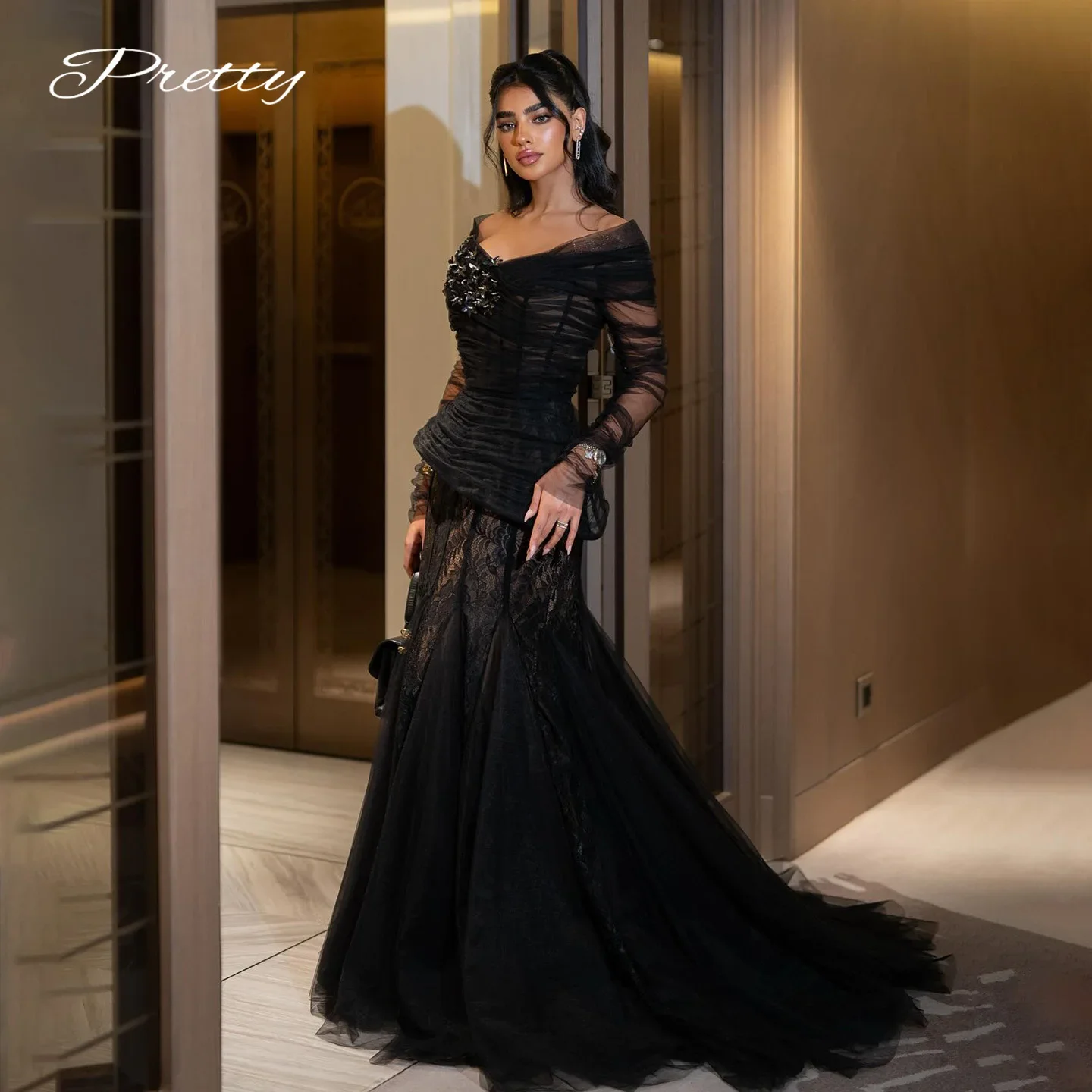 

JDY Custom Beautiful Black Lace V-Neck Mermaid Ball Gown, Long Sleeve Crystal Elegant Evening Dress & Arabian Wedding Gown