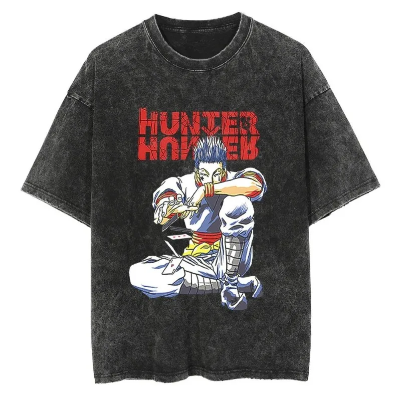 

Washed Retro T-shirt American Hip Hop Anime Full-time Hunter Loose Ukiyo-e Painted Cotton Summer Men's and Women's Short Sleeves