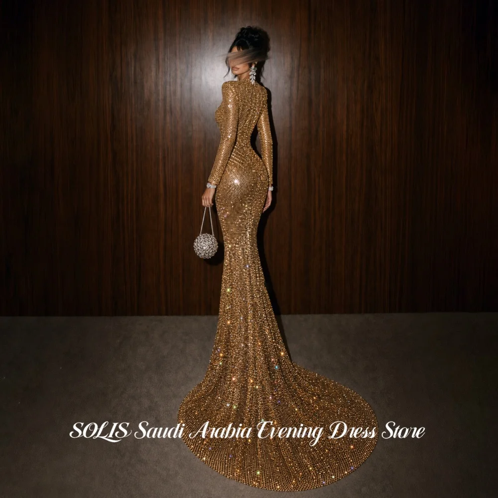 SOLIS Formal Gold Deep V Evening Dress Crystal Prom Gown Long Sleeve Draped Waist Slim Mermaid Train Party Dresses Customized