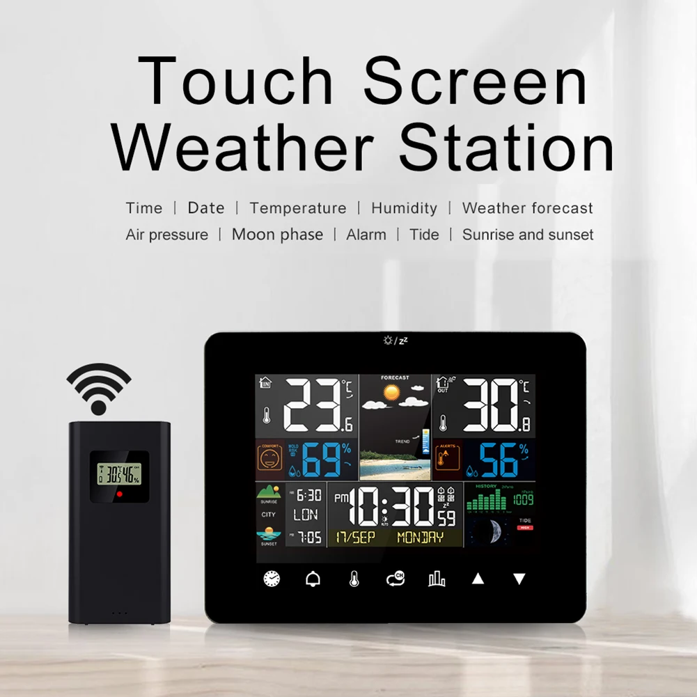محطة الطقس المنزلية مع مقياس حرارة الساعة الذرية، محطة عرض كبيرة، محطة توقعات رقمية ملونة للمنزل
