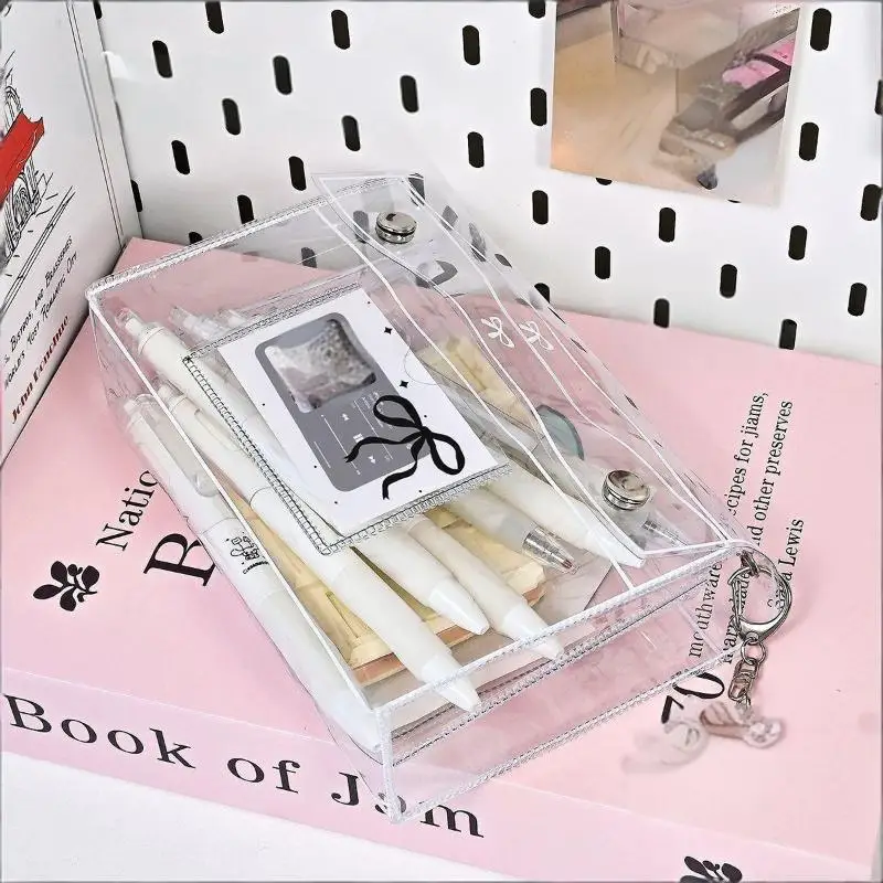 1Pcs PVC Transparent Button Pencil Case Large Capacity Vertical Simple Ins Style Student Desktop Finishing Niche Stationery