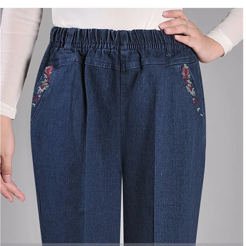 Middle aged mother Spring Autumn Embroidery Jeans Black Loose Elastic waist Stretch Straight Pants Casual Women Denim Trousers