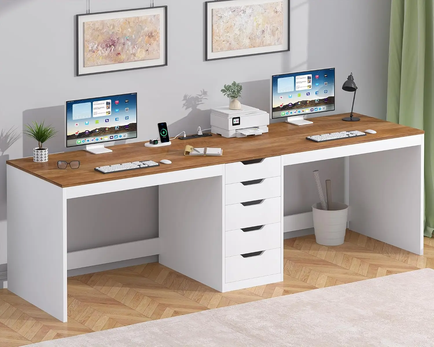 79 Inch 2 Person Desk with 5 Drawers & Power Outlets for Home Office Living Room, Customized