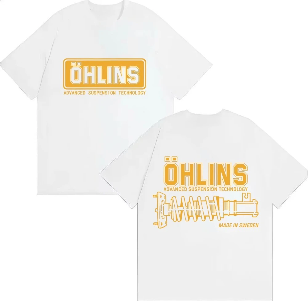 A Stylish and Fun OHLINS Motorcycle Shock Absorber Pattern 2026 Summer New Print Cotton Loose Casual Retro T-shirt Comfortable view 4