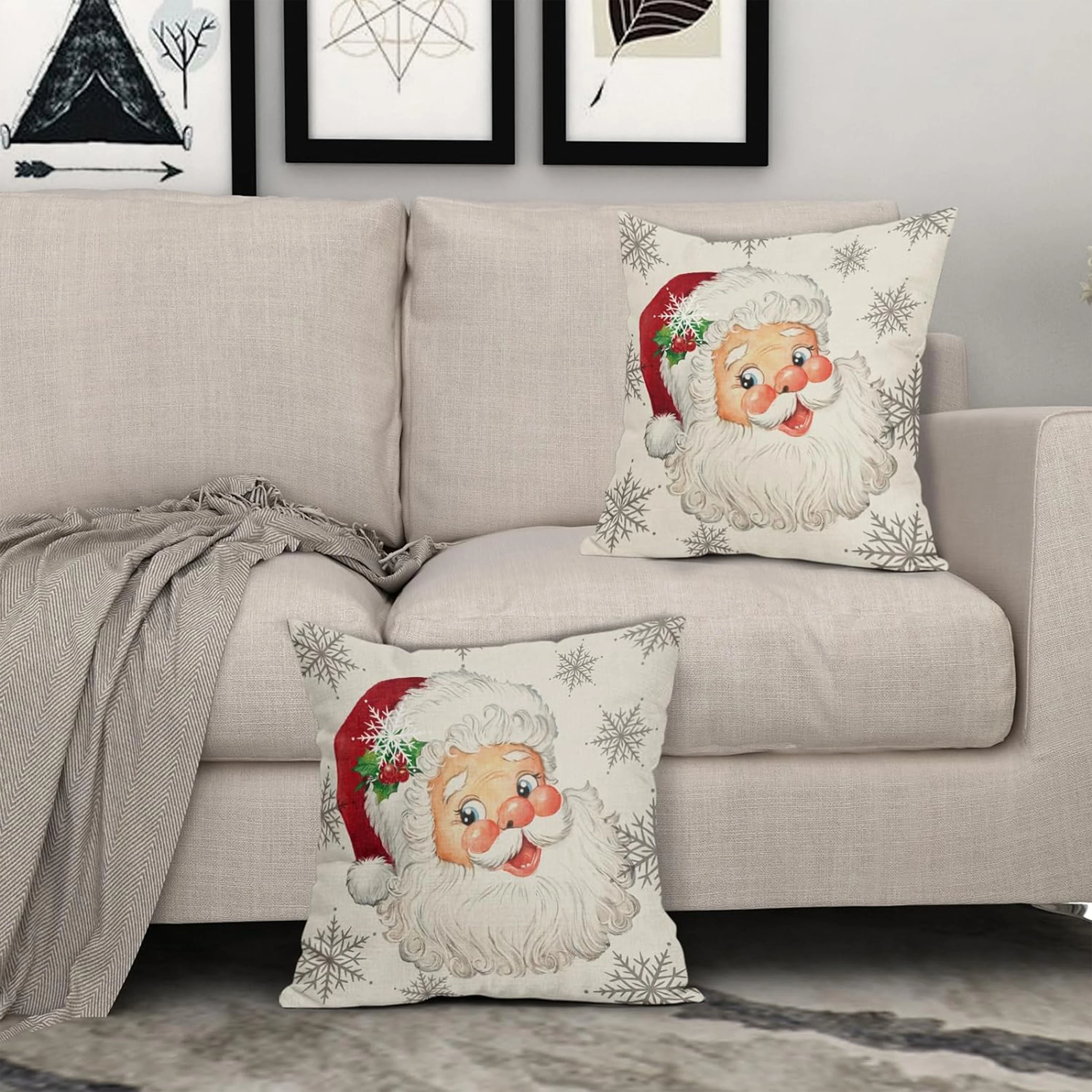 2 PCS Christmas Santa Claus Pillow Covers 16x16 18x18 20x20 Inch Rustic Xmas Snowflakes Print Decorative Outdoor Pillowcases