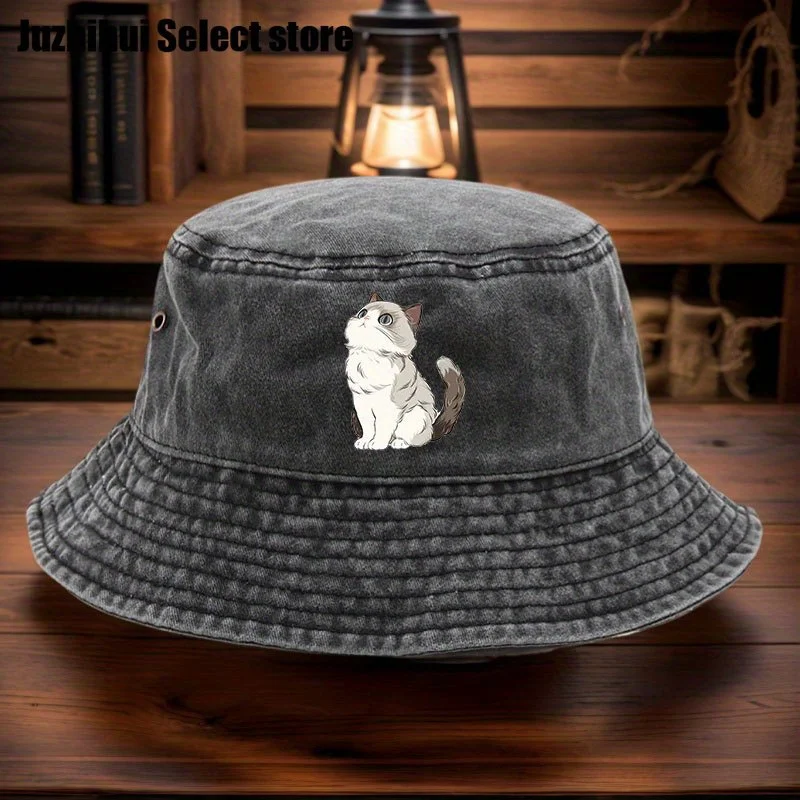 Wide-brimmed Washable Fisherman Hat, Breathable and Adjustable Casual Hat for Men and Women, with Cartoon Cat Print Design, Suit