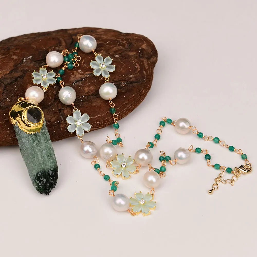

G-G Natural White Keshi Edison Pearl Green Agate Crystal Flower Necklace Flourite Labradorite Quartz Pendant