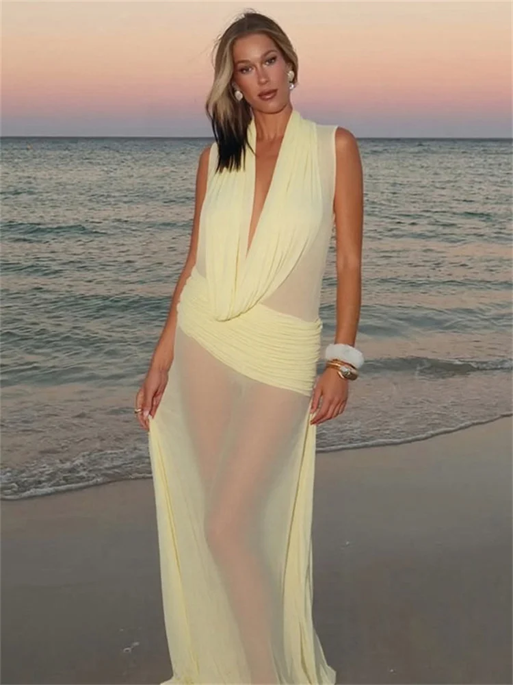 Tossy 여름 v 넥 시스루 롱 드레스 여성 민소매 패치 워크 플리츠 메쉬 파티 드레스 여성 하이 웨이스트 맥시 드레스