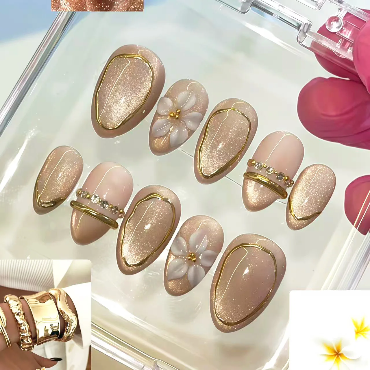 24Pcs Short Nude Almond Stick on Nails with Cat's Eye 3D Flower Press on Fake Nails Gilded French Diamond Detachable Finger Nail