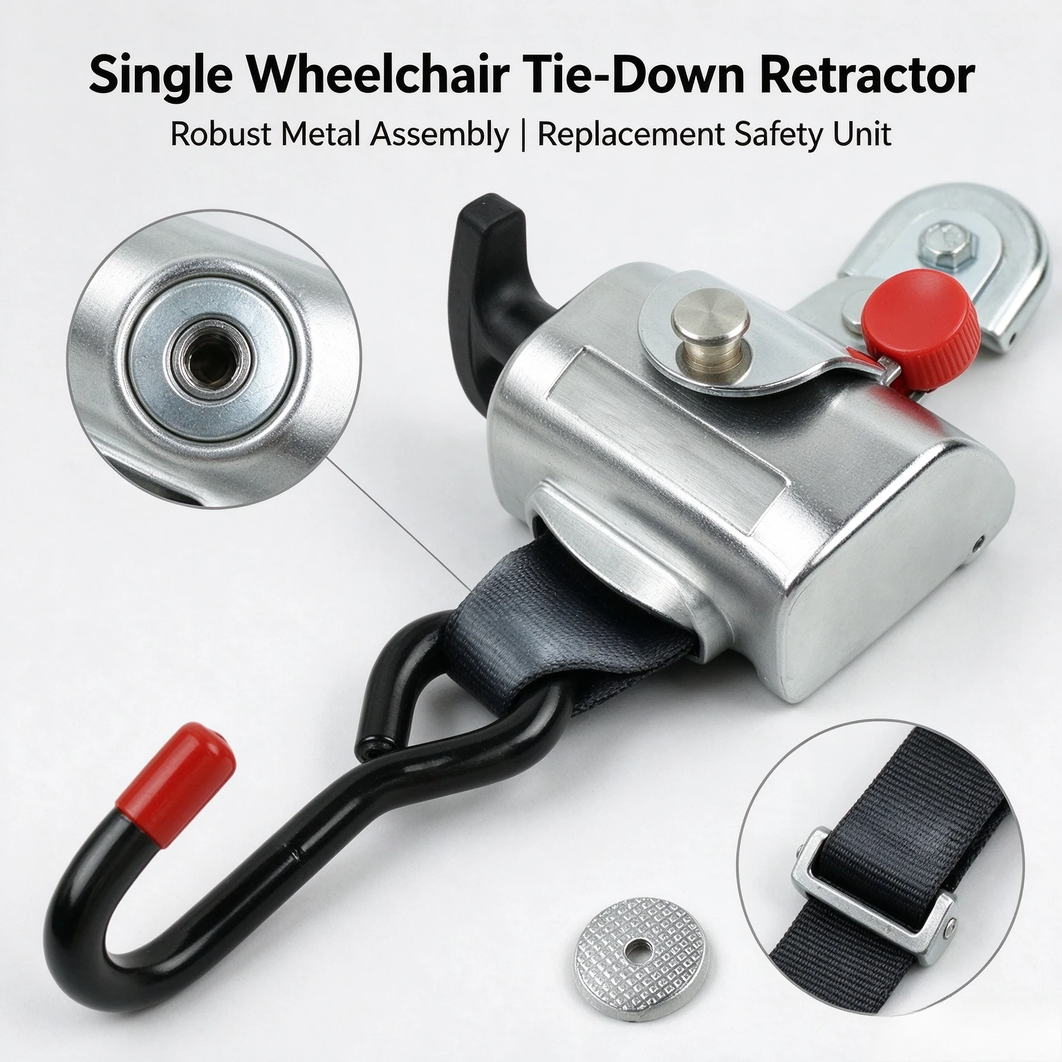 Auto Retracting Wheelchair Restraint, Metal Tie Down Retractor, Mobility Chair Safety Fastener for On-board Transport