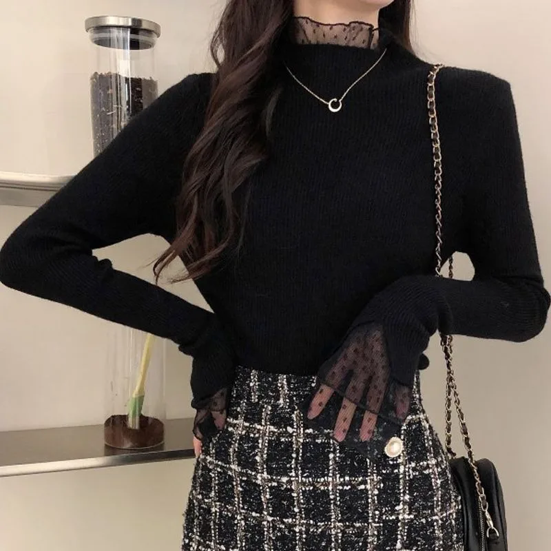 Neploe Korean Fashion Fake Two Piece Sweaters Mujer Autumn Sweet Lace Long Sleeve Tops Women Y2k Slim Fit Knitted Pullover