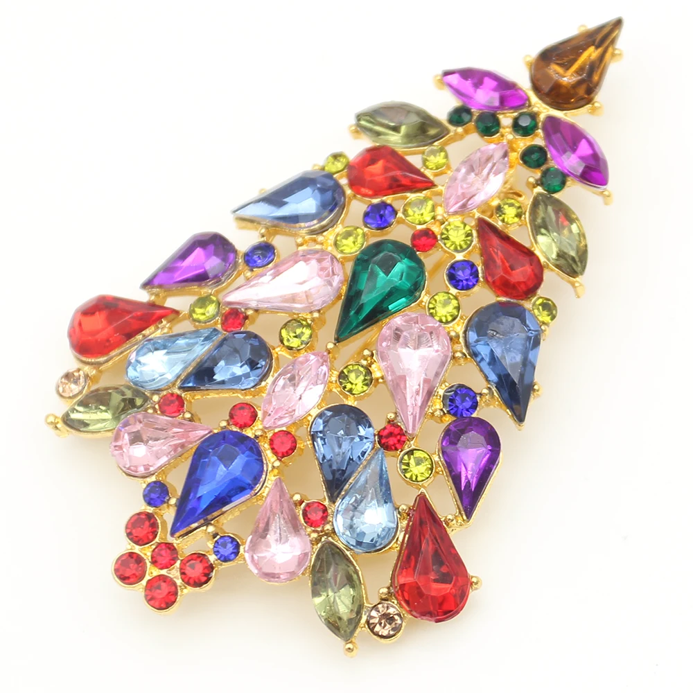 10pcs/lot Multicolor Rhinestone Christmas Tree Brooch Crystal Christmas Holiday Brooches Pin for Women