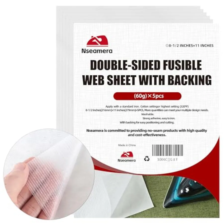 

Heavy Duty Fusible Web Sheets, 8.5" x 11" - 5 Pack for Fabric Applique and Sewing, 60g Adhesive for Strong Bonding and Wash Dur