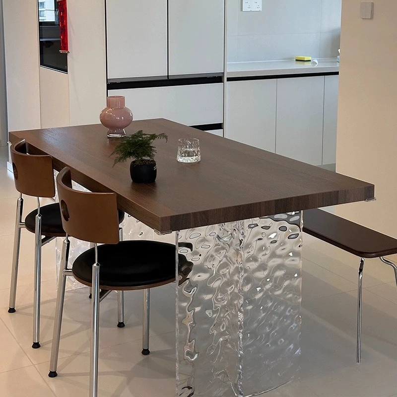 Acrylic water ripple suspended black walnut wood grain rock slab dining table and chairs household minimalist style medieval