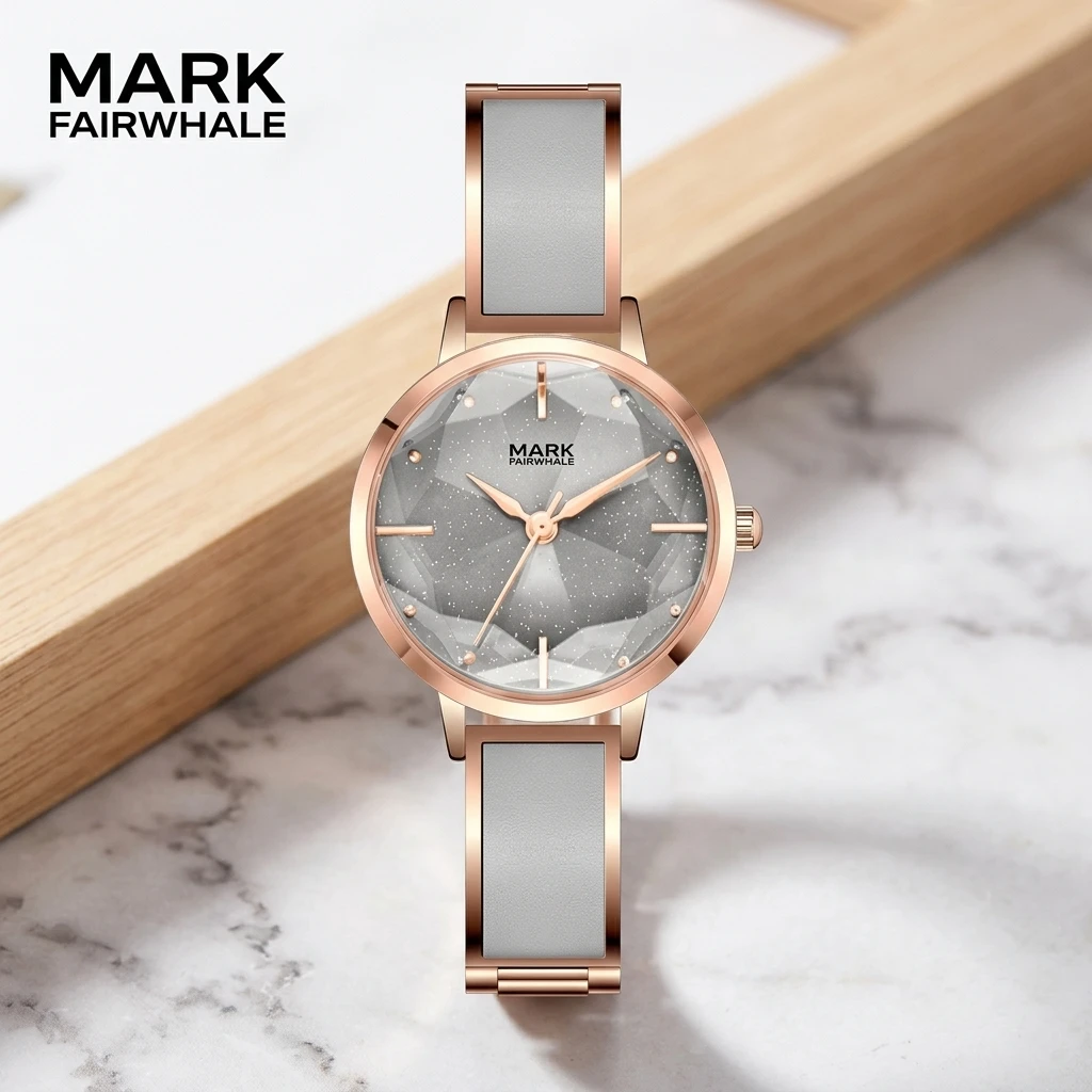Mark Fairwhale Elegant Ladies Quartz Watch Round Case Multi-faceted Shimmer Dial Leather Strap Female Wrist Watch