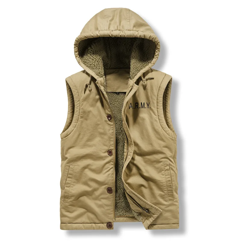 N1 Men Warm Cargo Winter Vest Fleece Lined Thermal Thick Waistcoats For Male Tops Plus Size M-4XL Solid Color