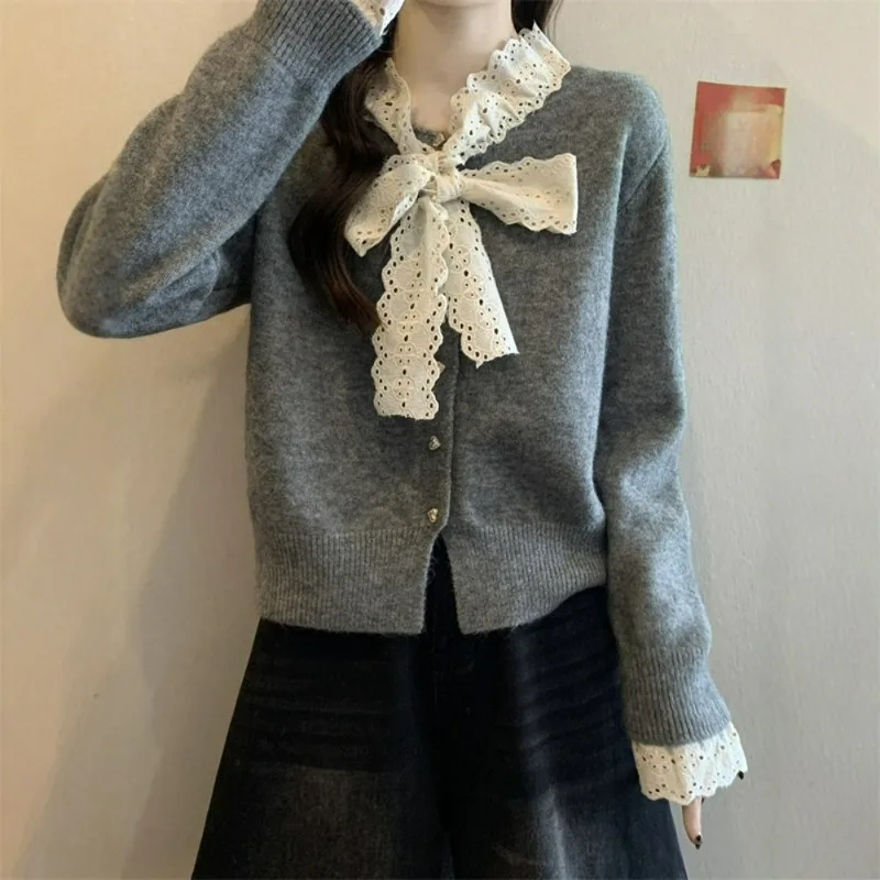 

Blue Bow Knitted Cardigan Wool Jacket Comfortable Women's Loose Spring and Autumn New Exquisite High-end Fashion Outerwear Top