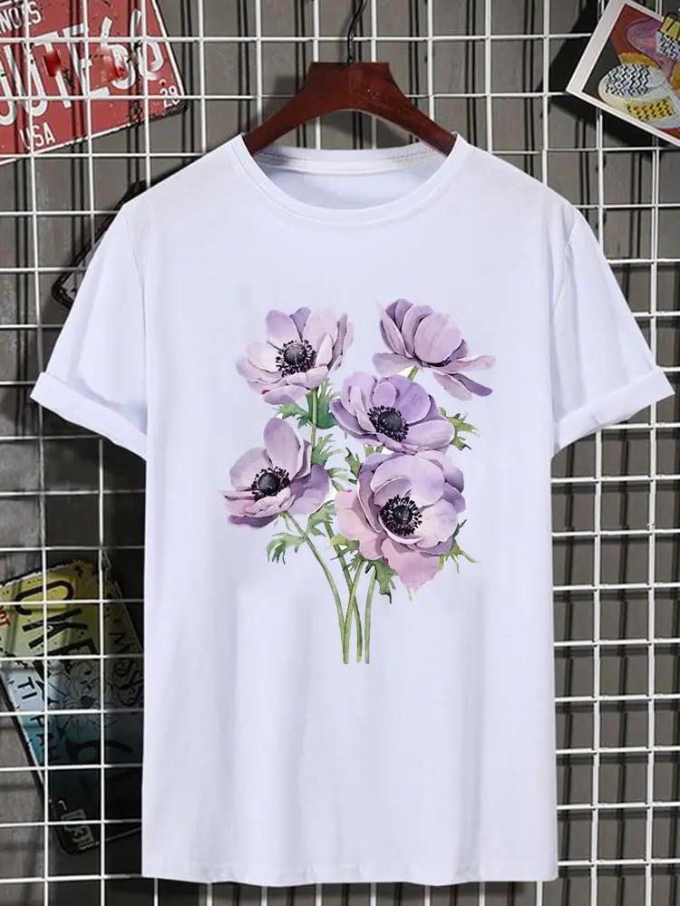 

Flower Lovely Style Trend Women Top Lady Female Shirt Tee Short Sleeve Graphic T-shirt Print Fashion O-neck Clothing Clothes