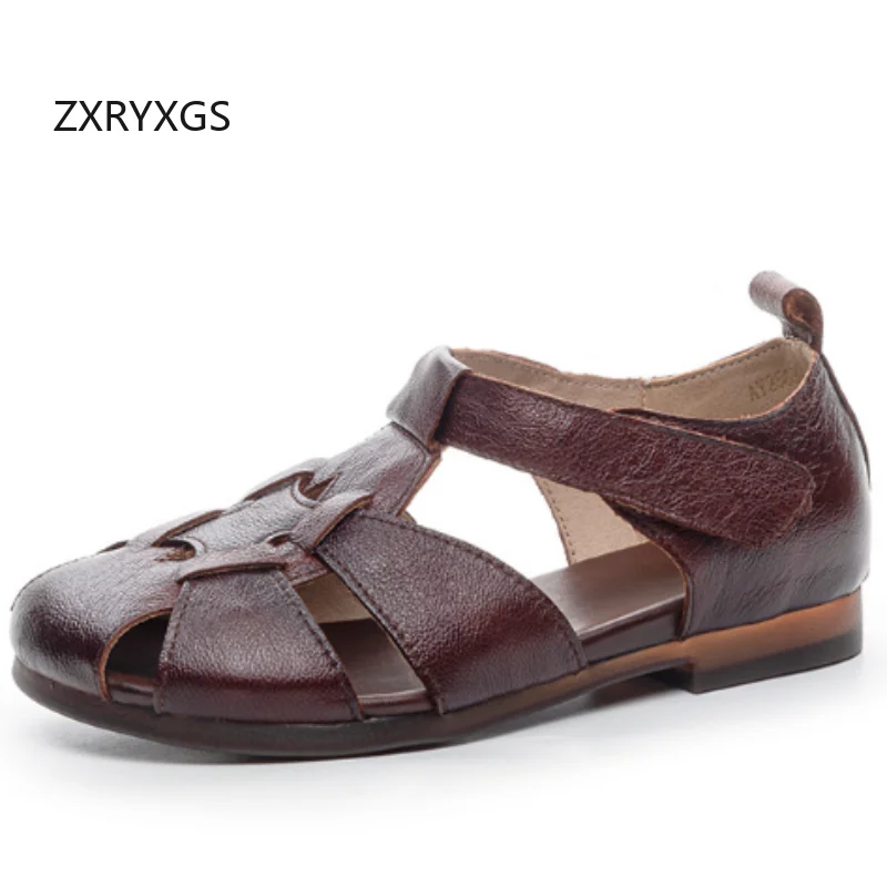 

ZXRYXGS Summer Round Toe Top Layer Cowhide Leather Sandals 2025 New Fashion Comfort Flat Sandals Simple Versatile Women Sandals