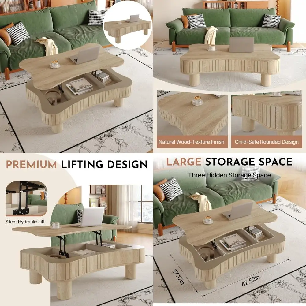 

Деревянный журнальный столик с рифленой панелью и подъемной столешницей для хранения и просторным потайным отделением