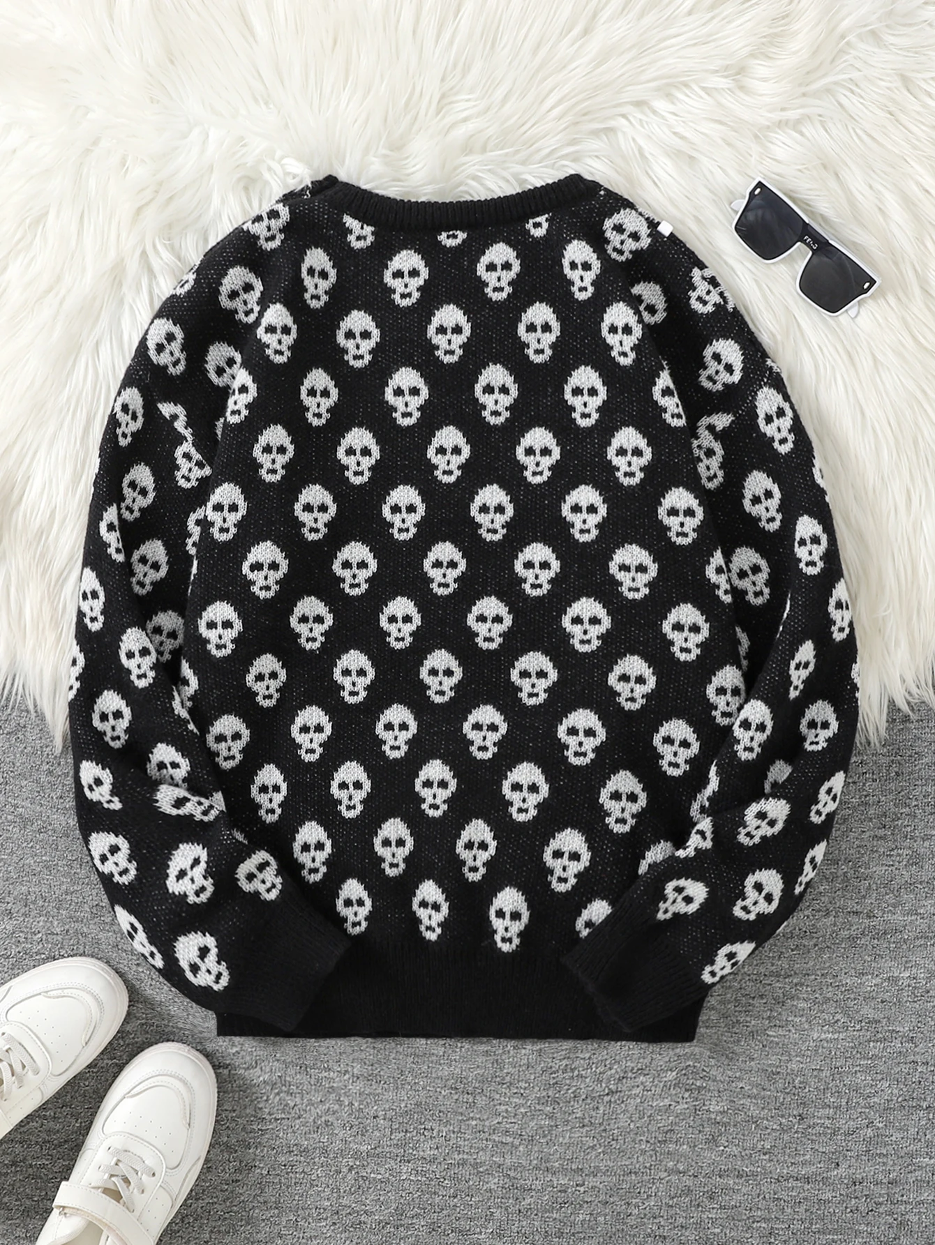 Autumn and Winter All-Over Skull Jacquard Pattern Pullover Sweater Casual Round Neck Knitted Men's Pullover, Halloween Gift