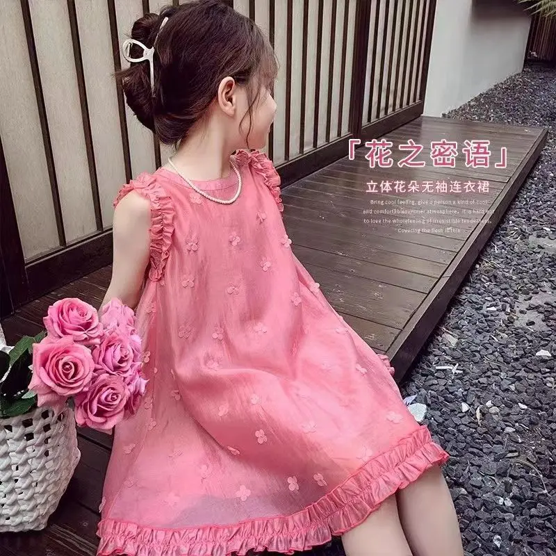 

Girls' Summer Dress2024New Western Style Children's Net Red Princess Dress Little Girl Sweet Sleeveless Vest Dress