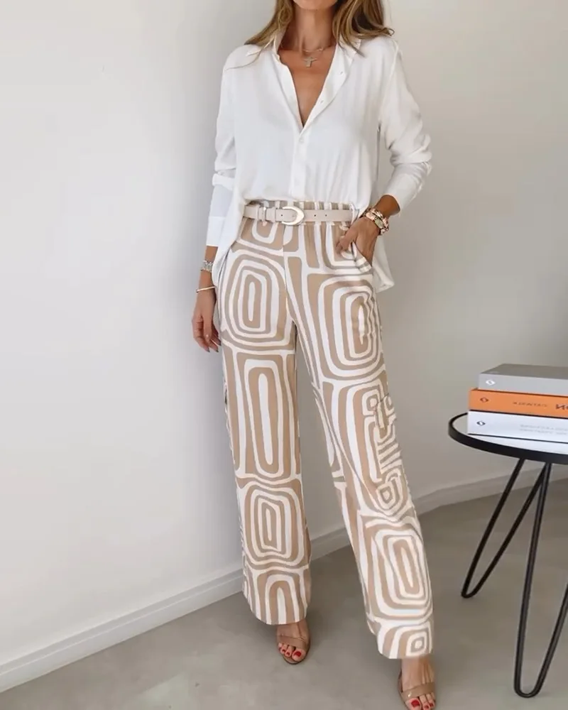 Elegant Office Lady Casual Suit Fashion Solid Long Sleeve Lapel Shirt Elastic Waist Print Trousers Two Piece Set 2024 Autumn New