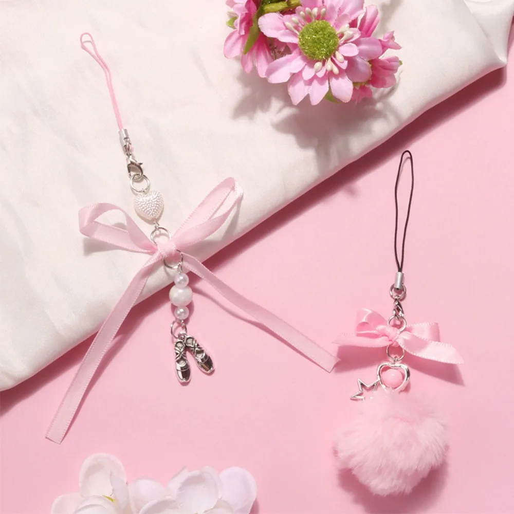 Y2K Pink Y2K Phone Chain Hairball Bowknot Mobile Phone Lanyard Ballet Shoes Ribbon Phone Case Pendant Card Pendant