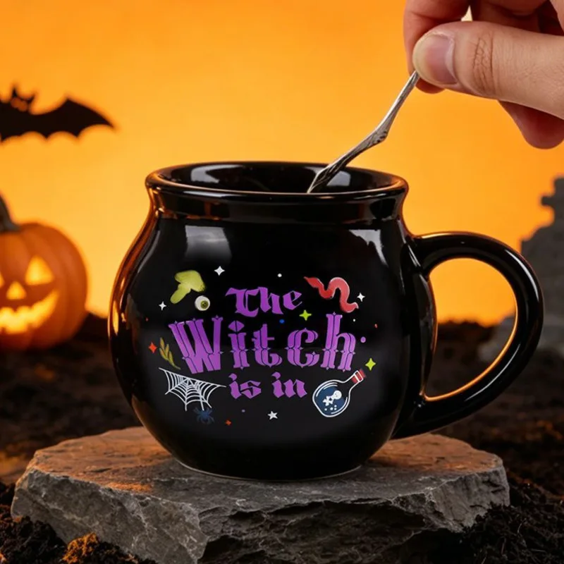 Color Changing Ceramic Witch Cauldron Mug Coffee Tea Cup Gothic Halloween Drinkware With Silver Branch Spoon Gift For Women