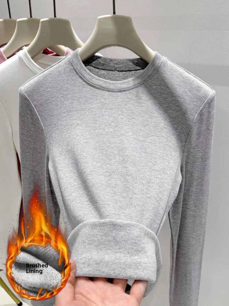 

Women's Thiened Knitted Base irt Soft Brued Texture round Ne T-irt Light ey Slim Fit Commute Sle Korean Version