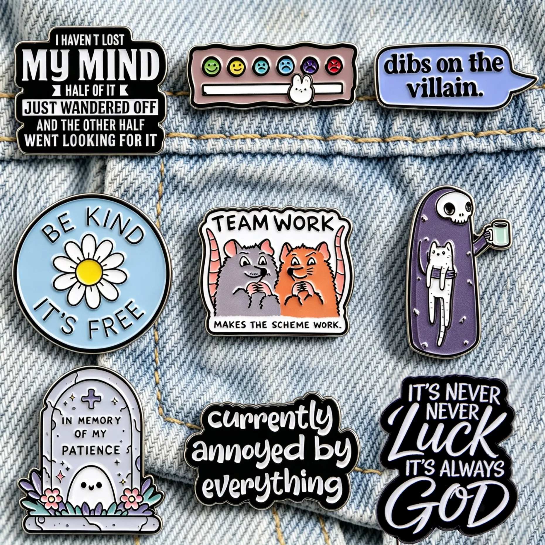 Quote Enamel Pins Funny Lapel Brooches Cartoon Ghost Cat Daisy Rabbit Metal Badges Jacket Backpack Decor Humorous Gothic Gift