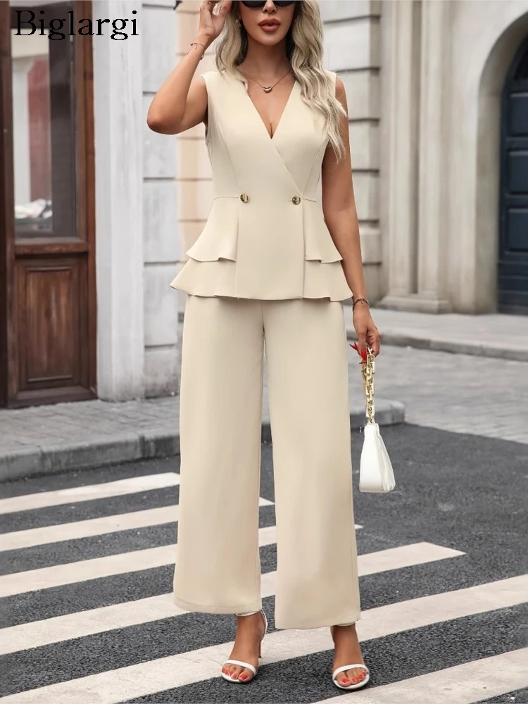 

Summer 2 Two Piece Set Women Slim Waist Fashion Ruffle Ladies Sleeveless Blouses Loose Elastic Waist Woman Long Wide Leg Pant
