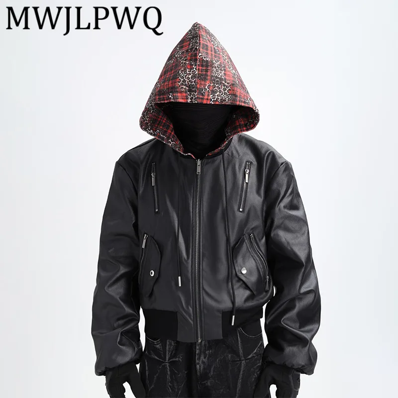 

MWJLPWQ Темный стиль с леопардовым принтом в стиле пэчворк с капюшоном Мотоциклетная кожаная куртка Мужская уличная модная нишевая куртка 12806