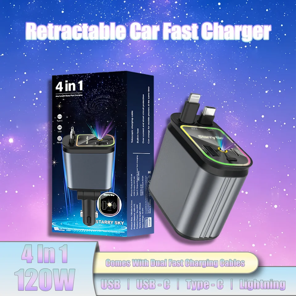 

New 120W 4in1 Retractable Car Charger With Type-C Apple Lightning Fast Charging Cable Starry Night Ambient Light USB USB-C Port