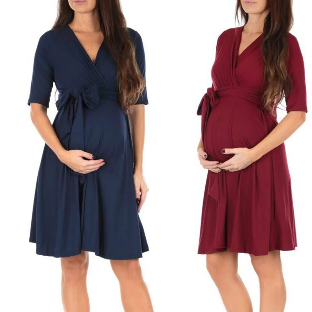 Maternity Drawstring Dress Maternity Clothes Summer Casual Pregnant Women Short Sleeve V-Neck Dress Vestidos Pregnancy Clothing