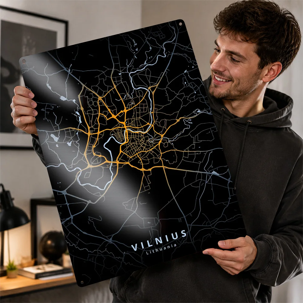 Vilnius City Map Aluminum Poster Personalized Metal Sign Midnight Street Design Wall Art Ideal Holiday Gift For Geography Fans