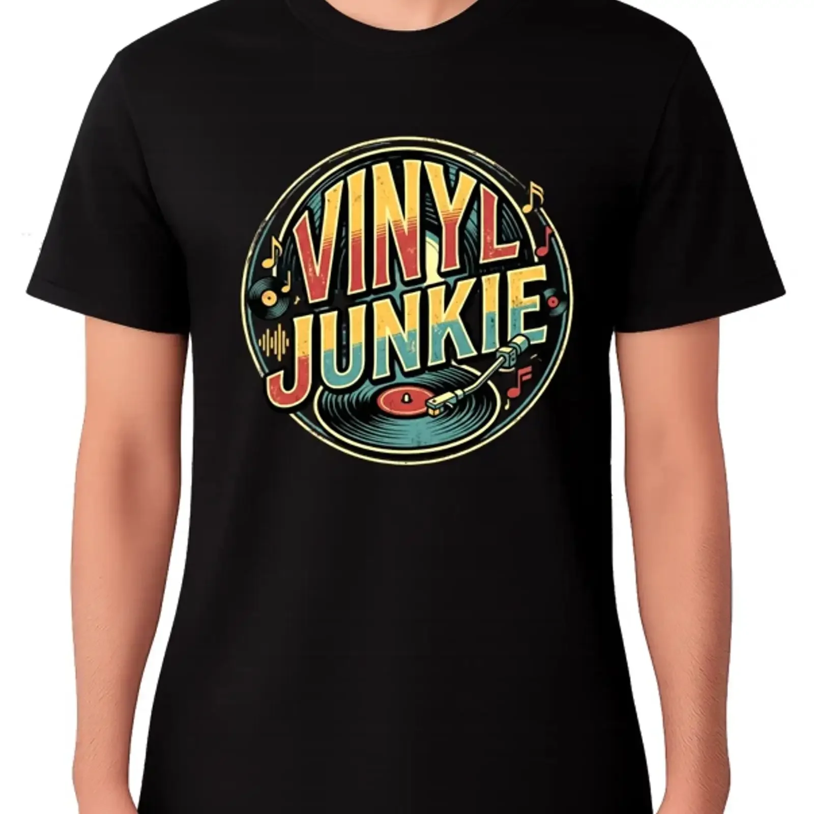 Vinyl Junkie T Shirt Retro Plattenspieler Musikliebhaber Grafik  vintage Washed Comfortable Stretched Top For Everyday Wear