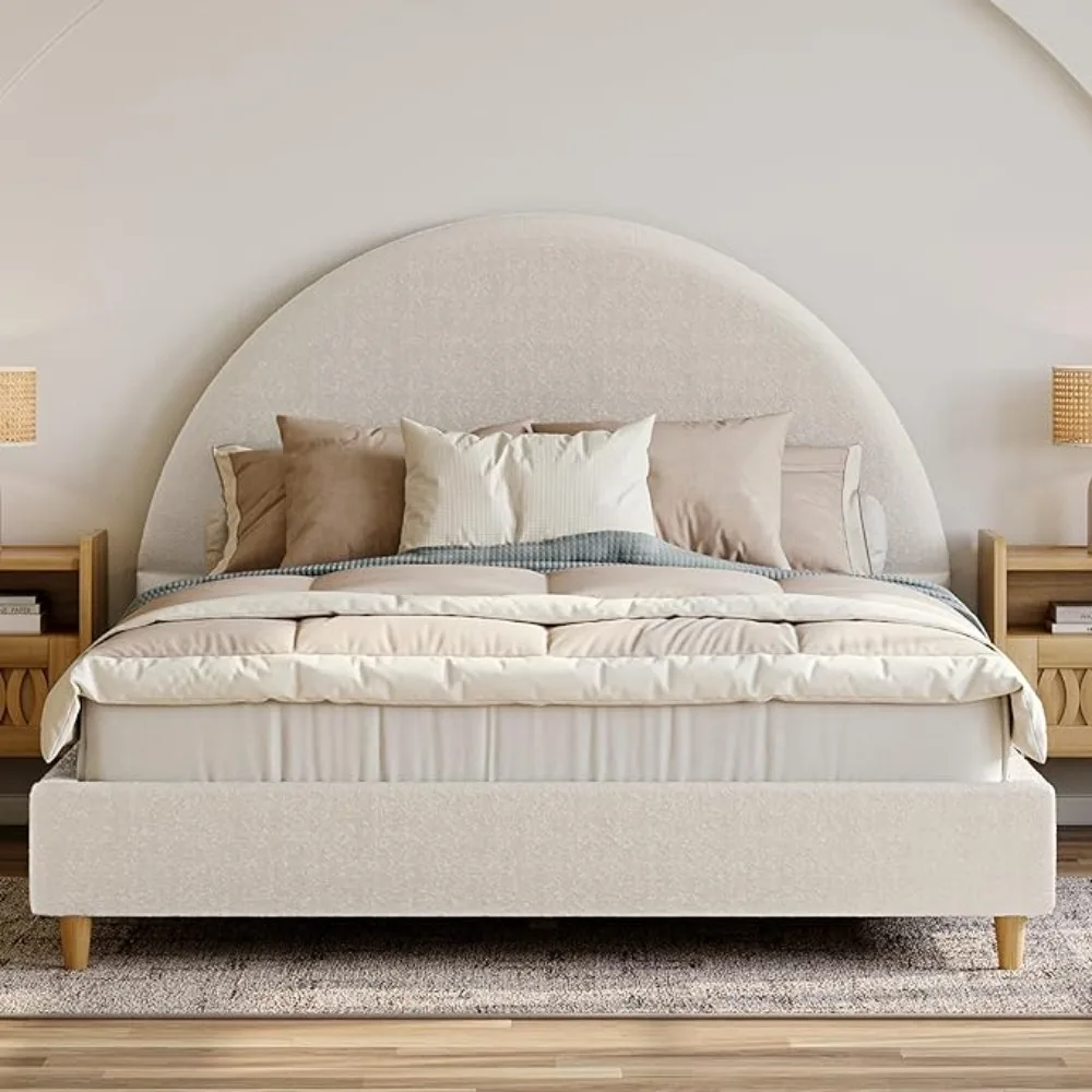 Bed Frame with Arch Shaped Headboard, Upholstered in Soft Fabric, Platform Bed Frame with Solid Wood Legs - Boho or Modern Style