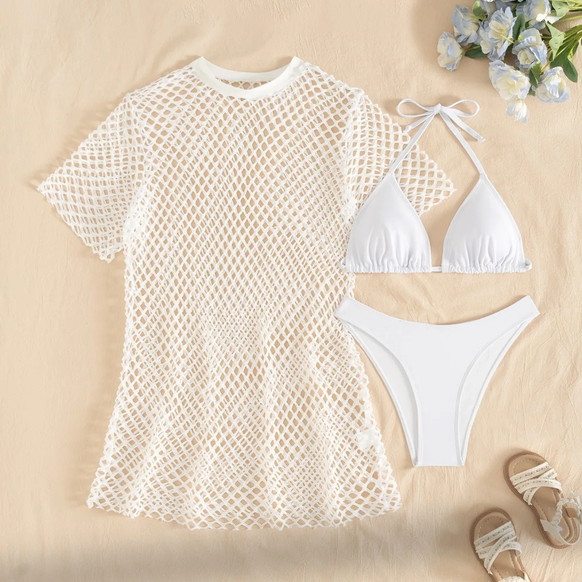 Two Piece Split Swimwear Women Bikini Set with V Neck Hollow Mesh Short Sleeve Sun Protection Cover Up